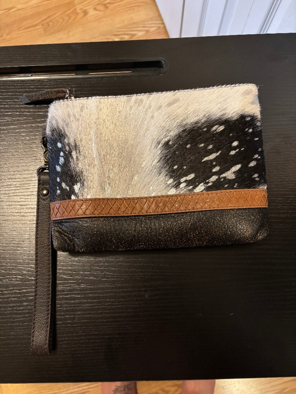 Myra Bag Cowhide Wristlet Clutch Black White Brown Western Boho